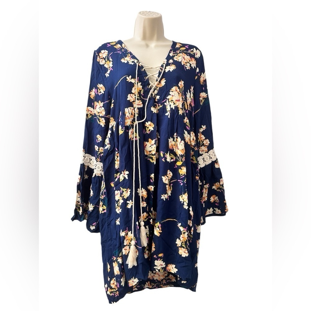 Entro Boho Floral Bell Sleeve Tunic Dress with Lace Trim Navy Blue Size M NWT